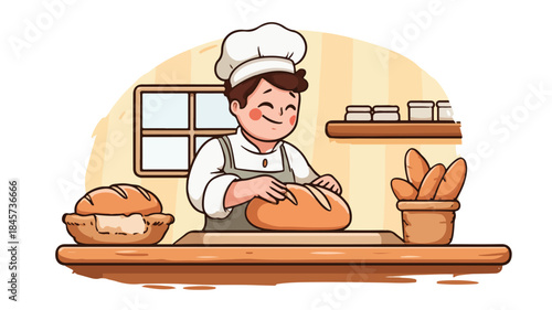Adorable Cartoon Baker Crafting Fresh Bread Vector Illustration