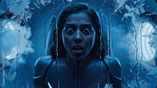 Woman awakening in futuristic pod from top-down view. Eyes widening in surprise inside blue-lit cryogenic chamber. Sci-fi revival sequence showing calm to shocked expression.