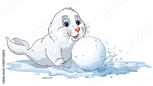 Cute Cartoon Baby Seal Snowball Playtime Vector