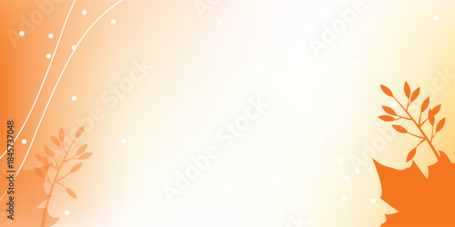 Vibrant Orange Gradient Autumn Graphic Design with Maple Leaf Silhouette and Subtle Botanical Elements.