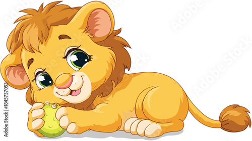 Playful Cartoon Lion Cub Rattle Vector Illustration