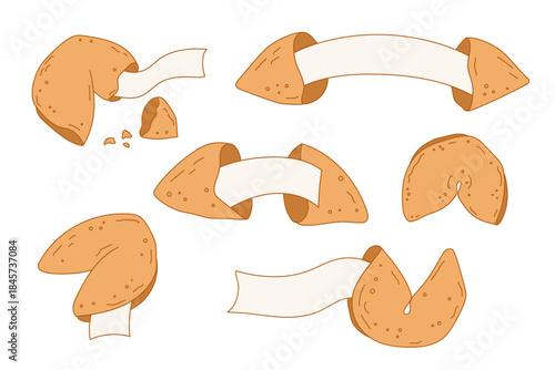 Hand drawn fortune cookies with blank paper strips isolated on white background. Cute bakery illustration for predictions messages design.