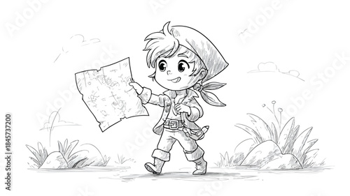 Cute Pirate Adventurer with Treasure Map Cartoon Vector Illustration