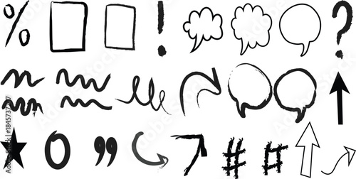 Hand-drawn grunge doodle icon pack with sketchy arrows, symbols, and expressive elements, perfect for streetwear branding, stickers, and apparel design