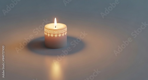 A single lit candle casting a warm glow on a reflective surface.