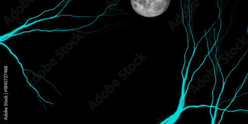 Massive lightning bolt with branches isolated on black background. lightning effect on black background. Thunderbolt with rays of light. Heavy clouds bringing thunder, lightnings and storm. 