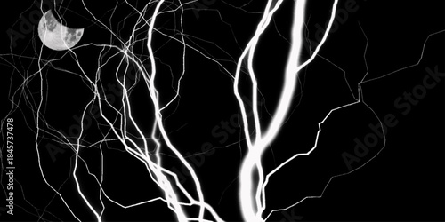 Massive lightning bolt with branches isolated on black background. lightning effect on black background. Thunderbolt with rays of light. Heavy clouds bringing thunder, lightnings and storm. 