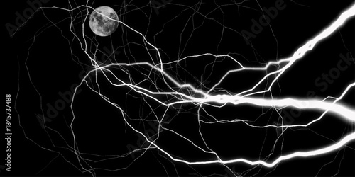 lightning bolts radiating from central point on black background energy power nature high voltage. Massive lightning bolt with branches isolated on black background. lightning effect on black bg. 