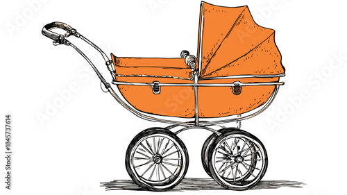 Bright Orange Baby Carriage with Vector Wheels for Nursery Themes