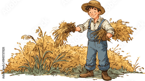 Happy Cartoon Farmer Harvesting Crops Vector Illustration