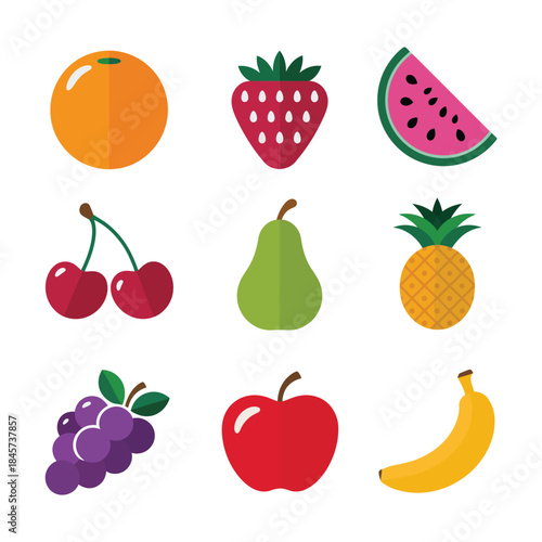 Fresh fruit icon set, orange strawberry watermelon cherry pear pineapple banana symbols, natural vitamins, grocery food, colorful flat vector illustration