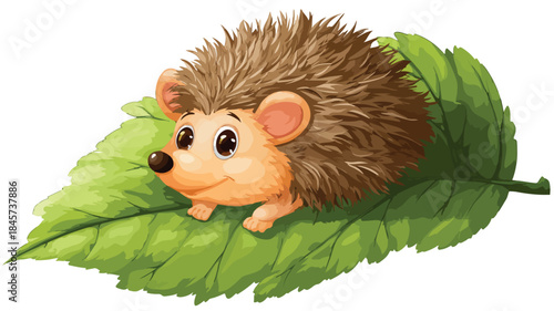 Cute Cartoon Hedgehog with Leaf - Vector Illustration