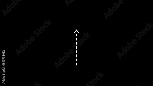 Up arrow direction icon with dotted line animation on Black background. dot arrows icon sign animated with alpha channel. white straight arrows animation optimized for UI motion clarity