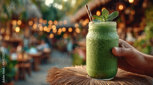 Person drinking a green smo...
