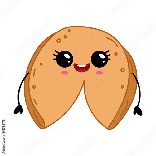 Adorable fortune cookie character with smiling face and arms isolated on white background. Kawaii style illustration for stickers and fun designs.