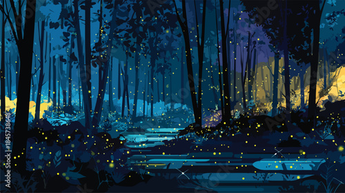 Enchanting Forest Glen Illuminated by Glowing Fireflies Vector