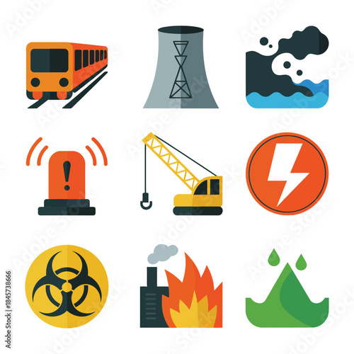 Disaster risk icon collection, fire flood toxic leak radiation symbols, emergency preparedness, flat vector design