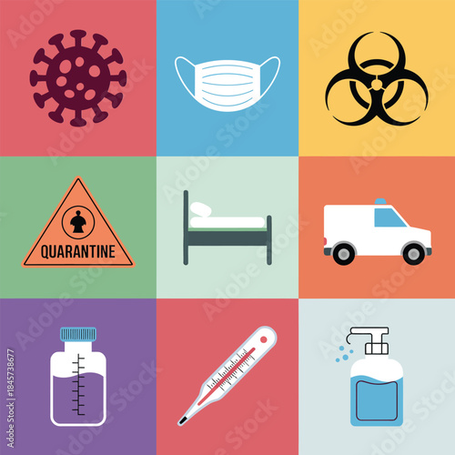 Industrial hazard icon set, toxic waste radiation factory warning symbols, environmental risk concept, flat vector illustration