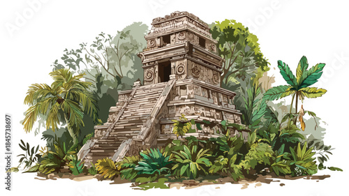 Enigmatic Ancient Mayan Temple Hidden in Lush Jungle Vector