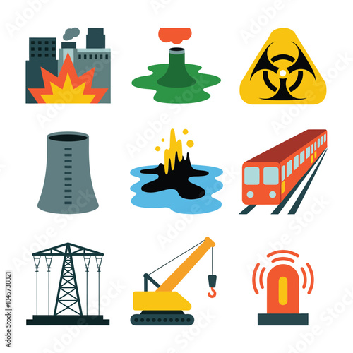 Natural disaster icon set, earthquake landslide cracked ground helmet warning signs, risk awareness, flat vector illustration