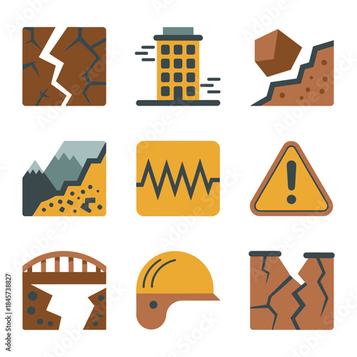 Flood disaster icon set, submerged house car rain waves warning symbols, emergency management, flat vector illustration