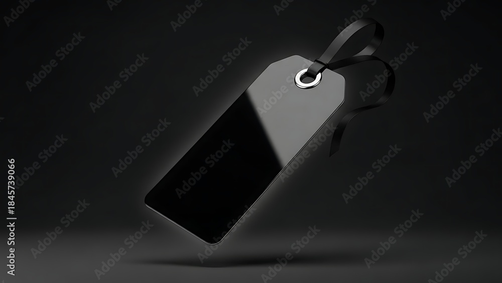 Fototapeta premium Elegant Black Blank Price Tag Floating on Dark Background with Subtle Reflection.