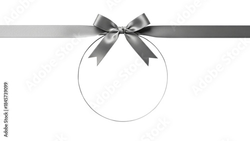 Elegant silver ribbon with bow and circular frame on a white background, perfect for invitations and gift tags