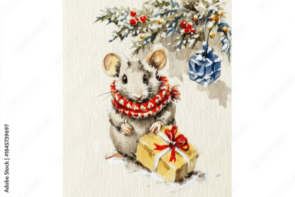 Obraz premium simple Christmas watercolor of a Christmas mouse with tiny present, small but generous illustration