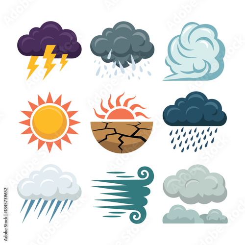 Weather disaster icon set, thunder rain wind cloud sun storm symbols, climate forecast elements, natural condition, flat vector illustration