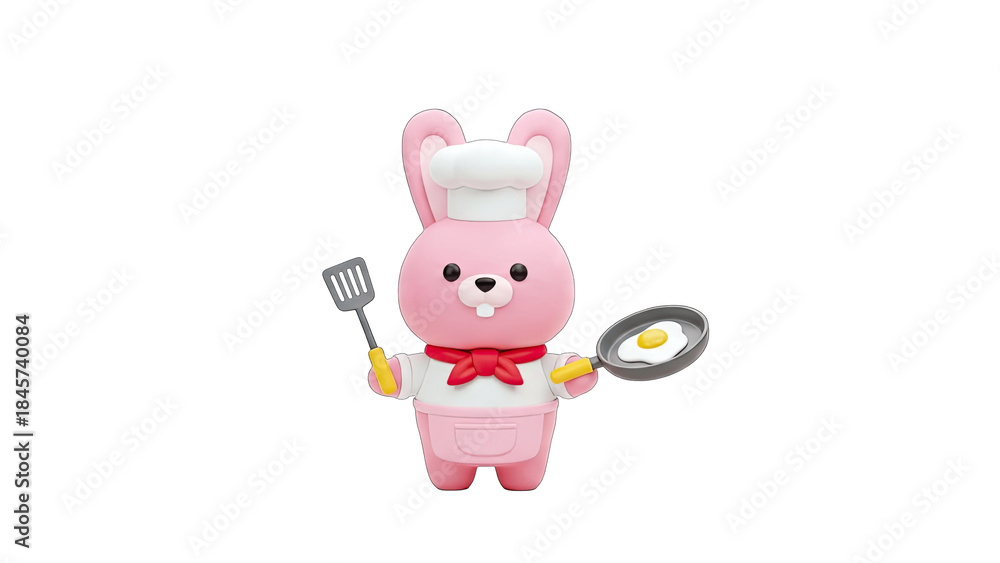 Fototapeta premium Chef Rabbit Cooking Fried Egg on White Background