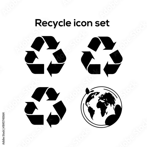 Universal Recycling Symbol Vector Icon Set: Black and White Design for Ecology, Environmental Protection, Sustainable Development, and Waste Management Concepts.