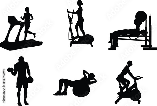 Fitness Silhouette Set With Exercise Equipment workout
