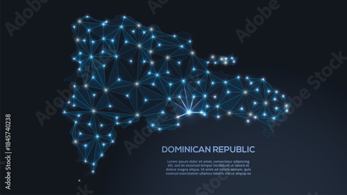 Geometric low-poly vector depiction of Dominican Republic, showing illuminated cities and population clusters as sparkling dots and space-inspired stars. digital communication network