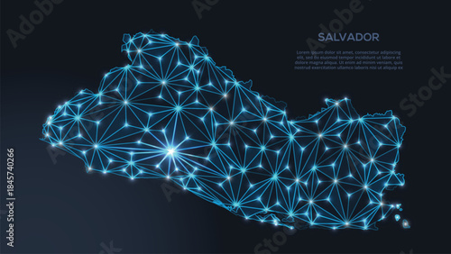 Geometric low-poly vector depiction of Dominican Republic, showing illuminated cities and population clusters as sparkling dots and space-inspired stars. digital communication network
