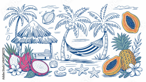 Tropical Paradise Illustration with Hammock and Fruits