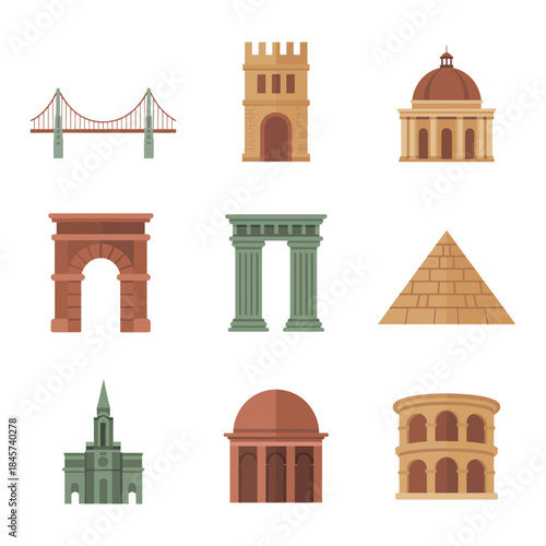 World monument illustration collection, ancient temples bridges pyramids arches towers, travel culture icons, flat vector design