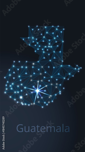 Geometric low-poly vector depiction of Guatemala, showing illuminated cities and population clusters as sparkling dots and space-inspired stars. digital communication network