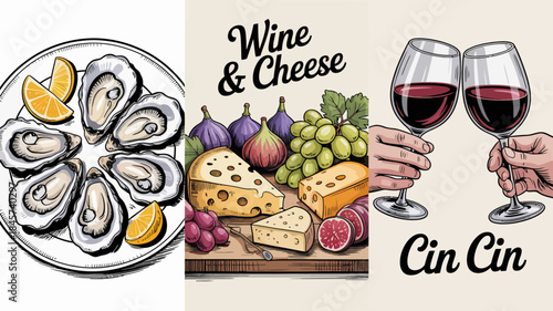 Wine and Cheese Illustration with Oysters and Clinking Glasses