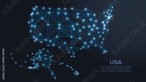 Geometric low-poly vector depiction of USA, showing illuminated cities and population clusters as sparkling dots and space-inspired stars. digital communication network