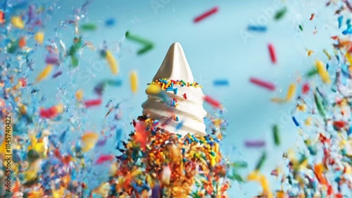 Colorful Sprinkles Exploding from a Soft Serve Ice Cream Cone.