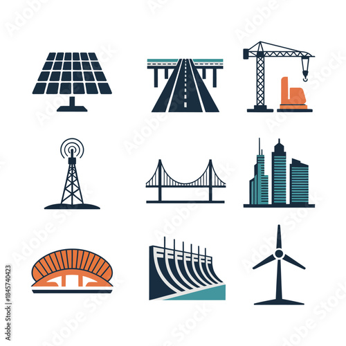 Urban infrastructure illustration pack, roads bridges cranes power energy symbols, city planning concept, flat vector design