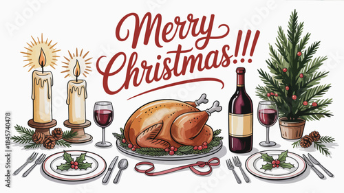 Festive Christmas Dinner Illustration with Roasted Turkey and Wine