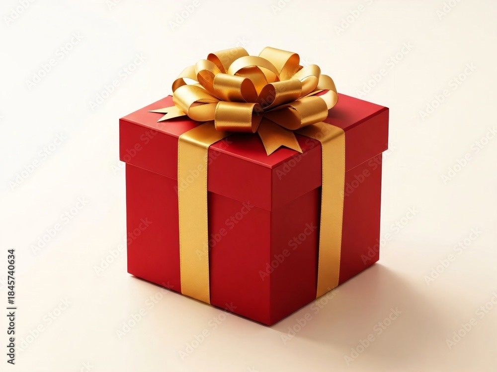 Obraz premium Red gift box with golden ribbon and bow, perfect for Christmas, birthday, or celebration on white background. Design template for New Year card and holiday posters with copy space.