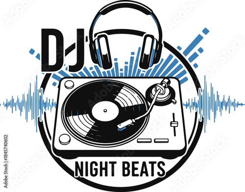 Clean DJ logo vector featuring a stylized vinyl disc, central play button, and sleek headphones forming a modern circular emblem on a dark background. Ideal for DJs, music producers, record labels