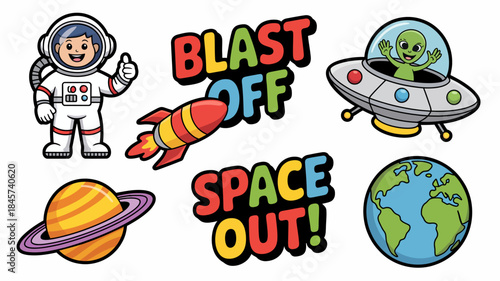 Fun Space Adventure Illustration with Astronaut, Alien, and Planets