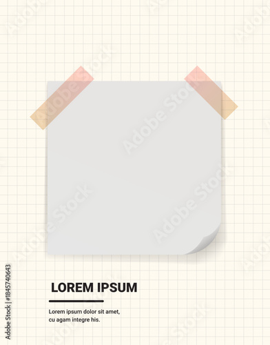 Taped up white square blank sheet of paper for notes on light grid background. Realistic template illustration