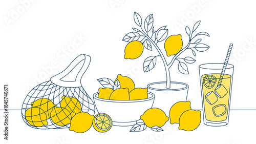 Fresh Lemons and Lemonade Illustration in Minimalist Style