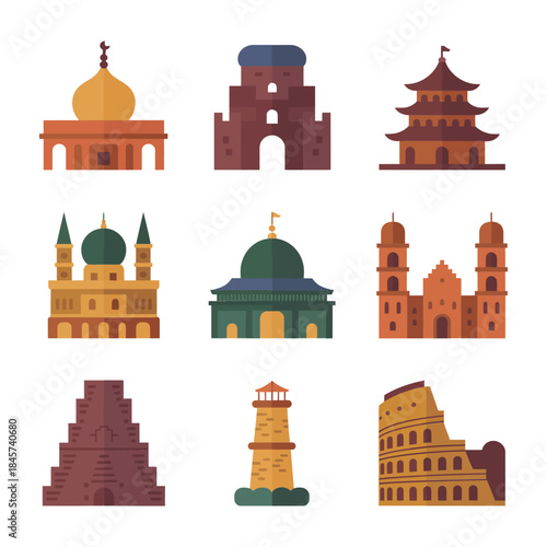 Ancient monument illustration pack, pyramids coliseum towers temples forts, history travel icons, flat vector design