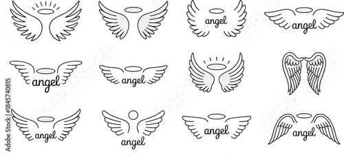 Set of 12 Hand-Drawn Line Vector Angel Wings Icons with Halo and Text, Representing Spirituality, Divinity, Freedom, Protection, and Heavenly Symbolism.