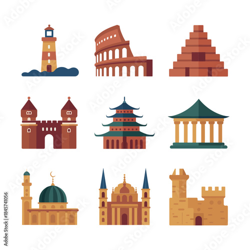 Cultural architecture icon collection, domes pagodas churches towers landmarks, heritage tourism, flat vector illustration